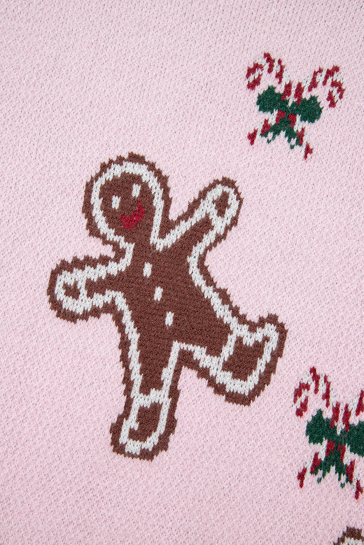 Christmas Ginger Bread Man Print Round Neck Casual Sweater