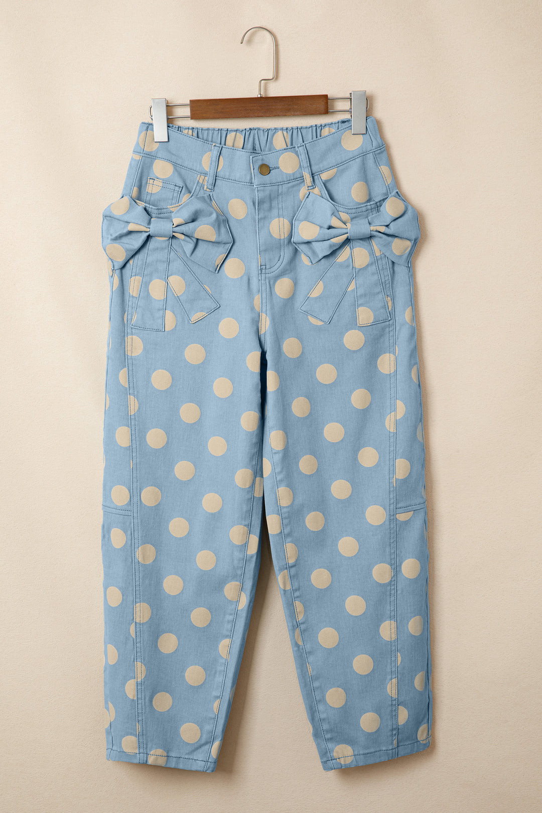 Sky Blue Polka Dot Print Bow Detail Pocketed Barrel Jeans