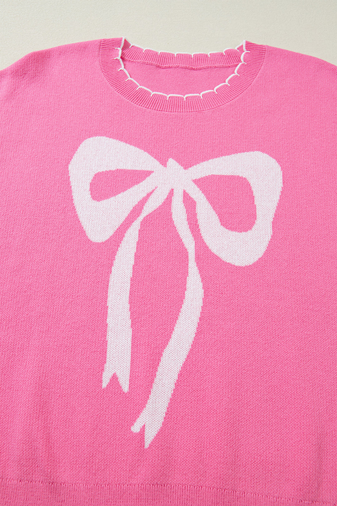 Big Ribbon Bow Print Contrast Stitch Trim Drop Shoulder Sweater