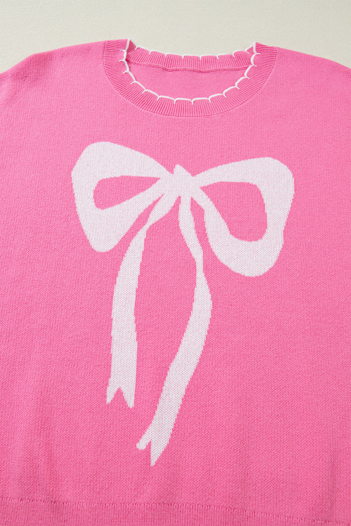 Big Ribbon Bow Print Contrast Stitch Trim Drop Shoulder Sweater