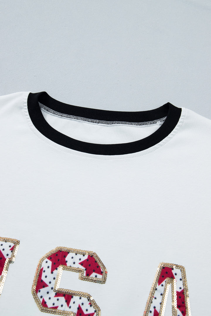 White USA Sequin Color Block Trim Loose T Shirt