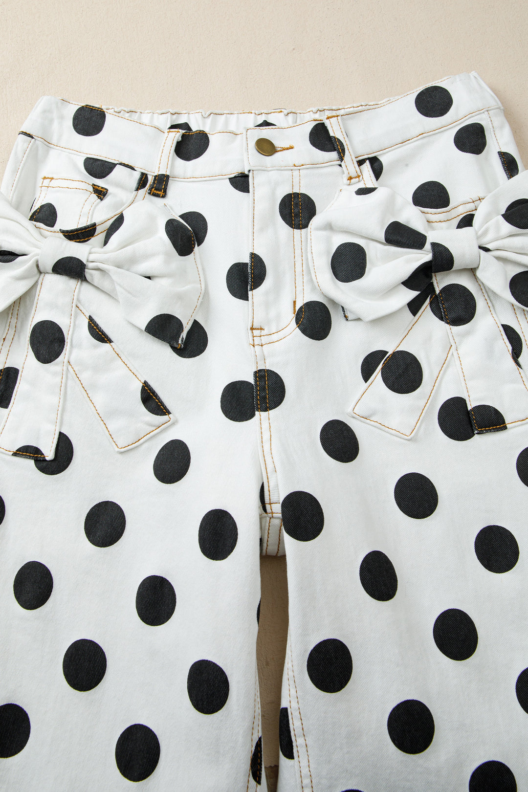 White Polka Dot Print Bow Detail Pocketed Barrel Jeans