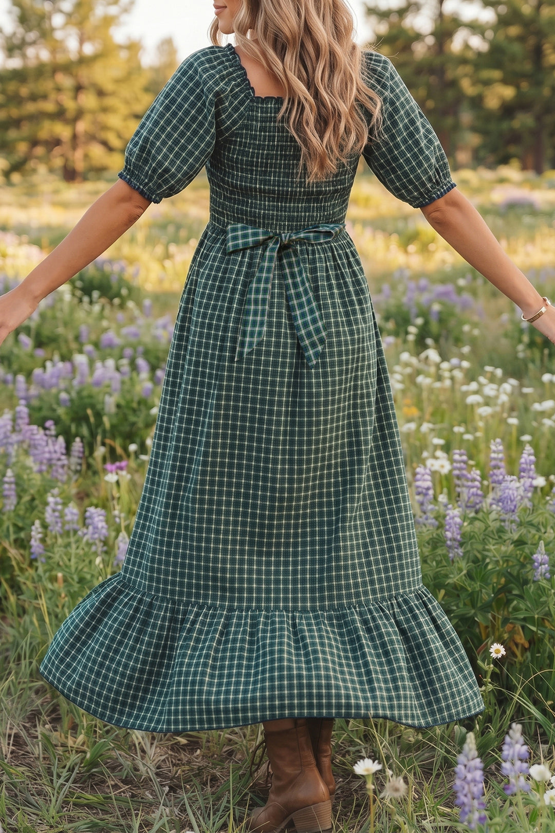 Green Plaid Square Neck Shirred High Waist Ruffle Hem Long Dress