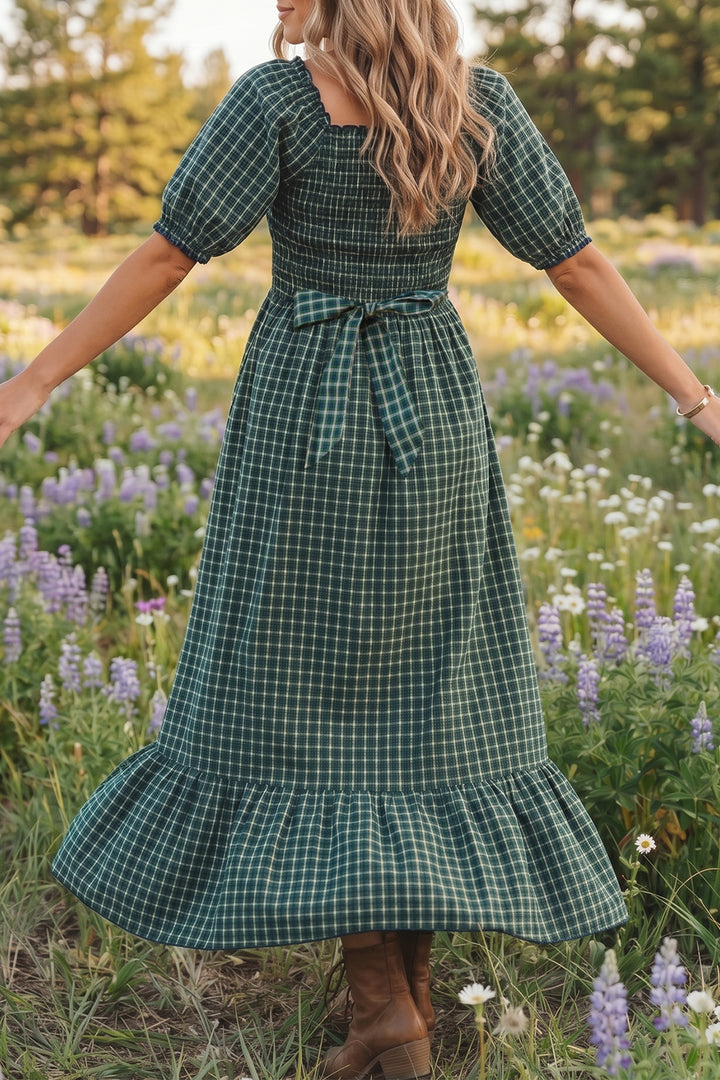 Green Plaid Square Neck Shirred High Waist Ruffle Hem Long Dress