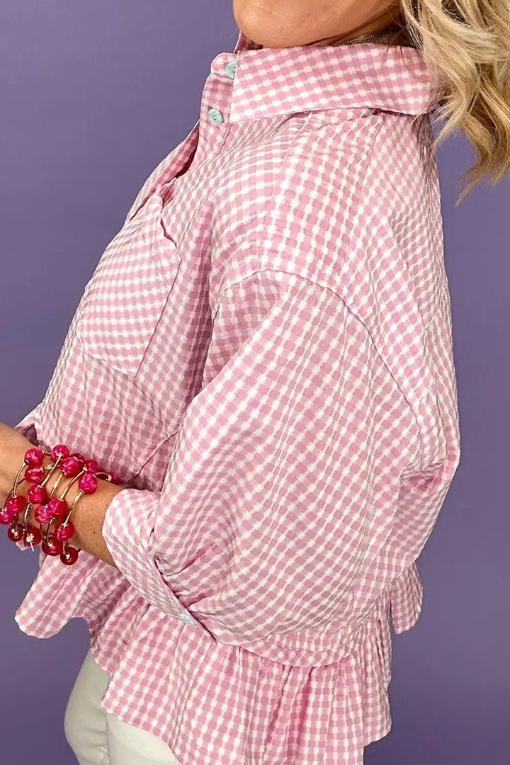 Pink Plaid Half Sleeve Ruffle Hem Button Down Shirt