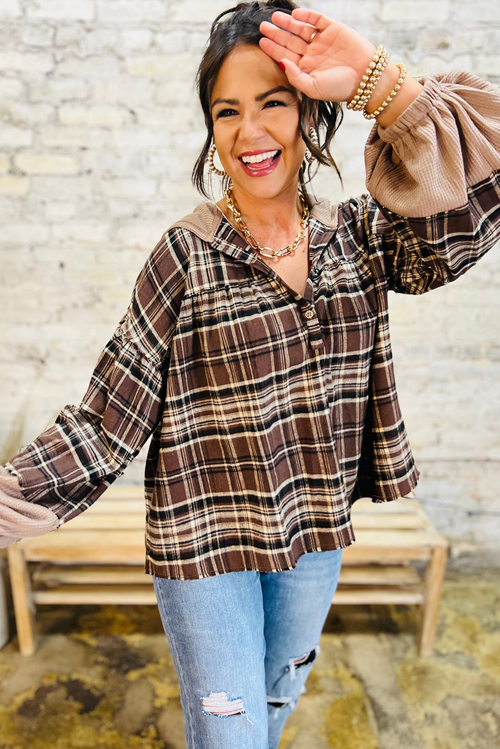 Plaid Patchwork Long Sleeve Button Hooded Blouse