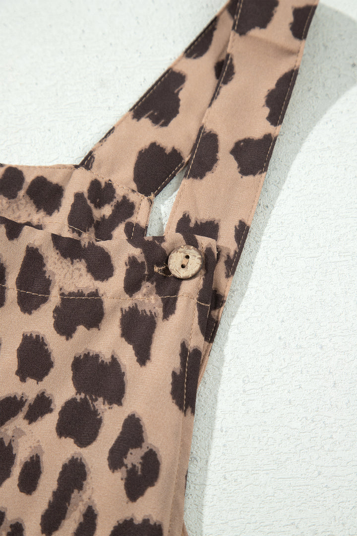 Khaki Leopard Print Square Neck Pleated Wide Leg Jumpsuit