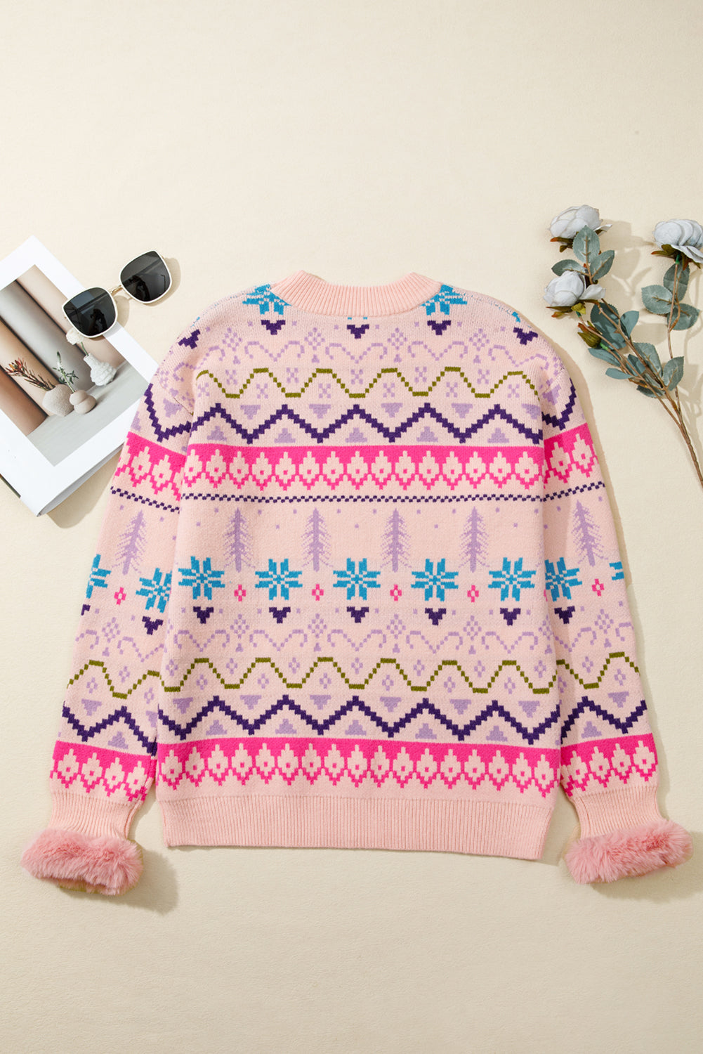 Ethnic Christmas Pattern Knit Feather Cuffed Sweater