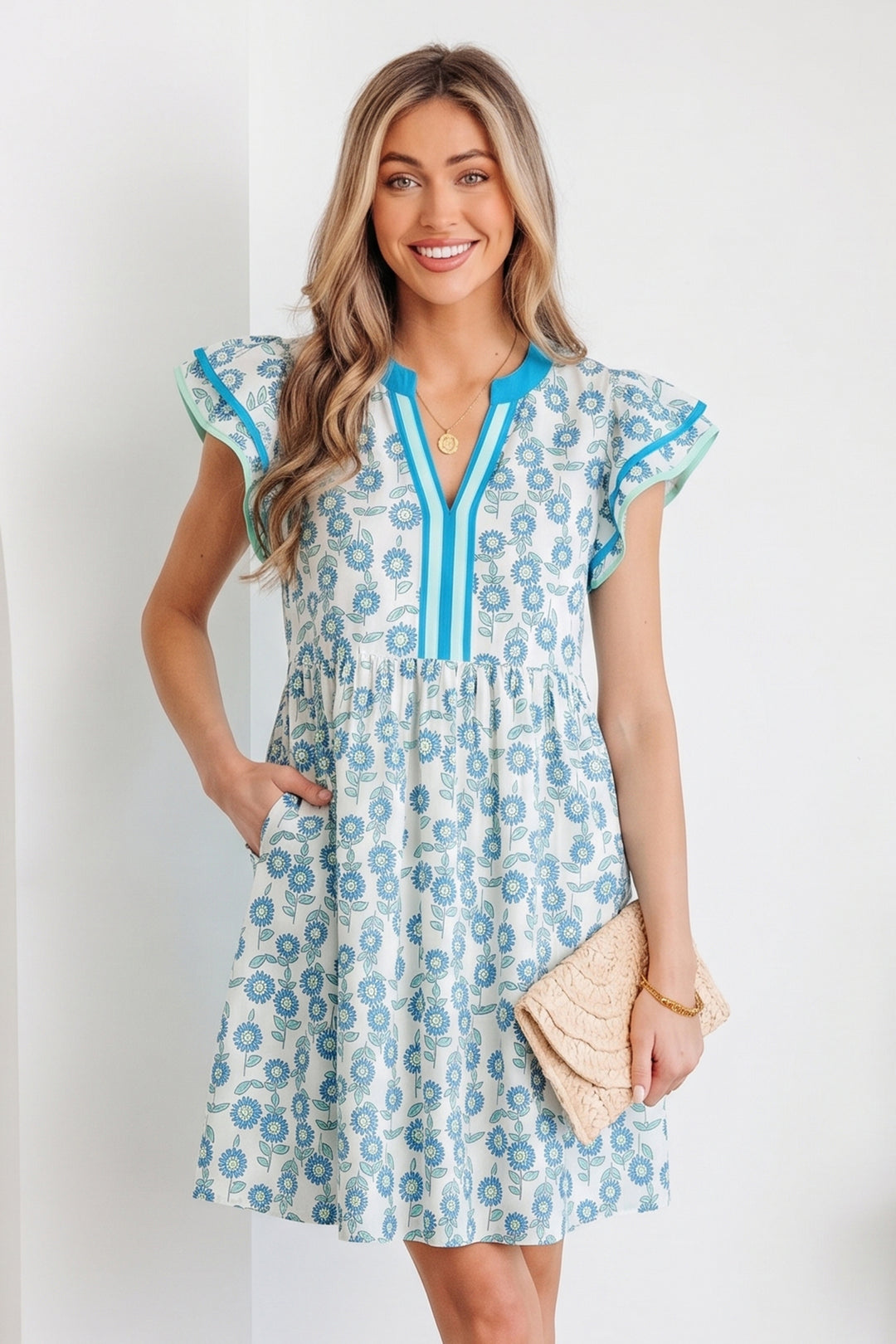Sky Blue Floral Print Contrast Trim Flutter Sleeve Mini Dress