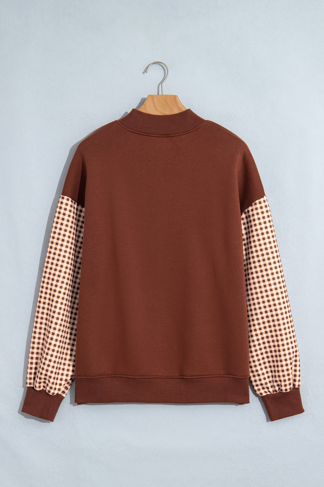 Coffee Plaid Sleeve Colorblock Loose Tunic Sweatshirt
