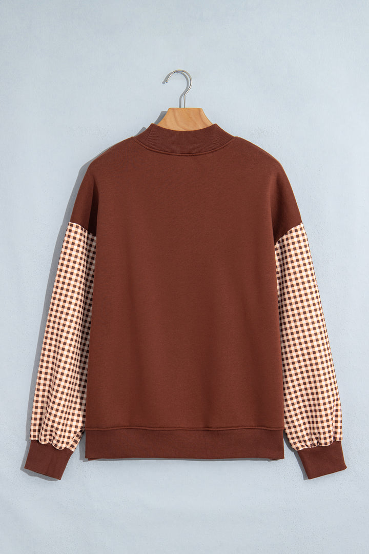 Coffee Plaid Sleeve Colorblock Loose Tunic Sweatshirt