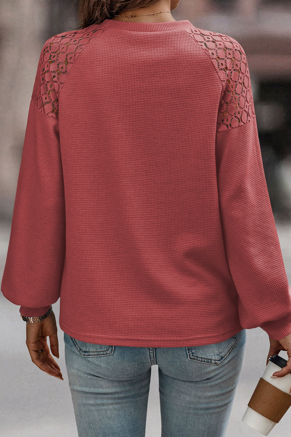 Rose Pink Lace Long Sleeve Textured Pullover