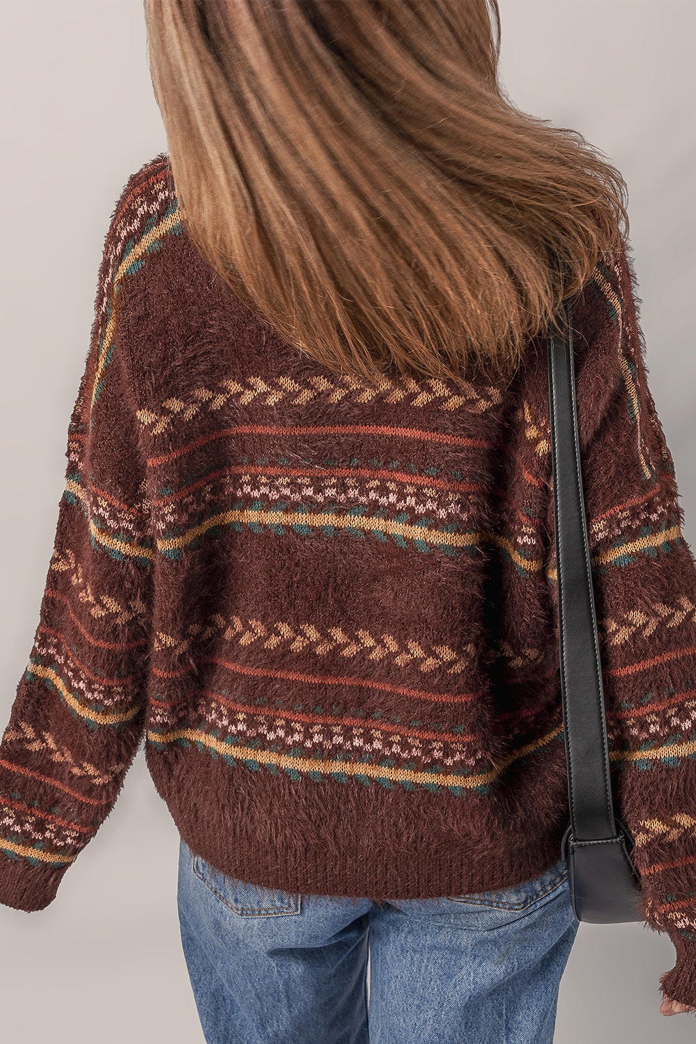Ethnic Pattern Mohair Knitted Drop Shoulder Sweater