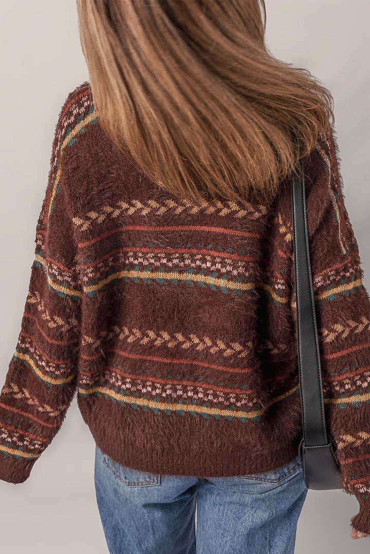 Ethnic Pattern Mohair Knitted Drop Shoulder Sweater