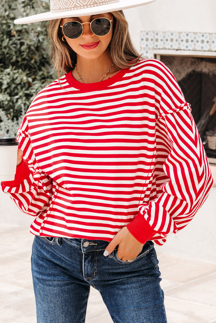 Red Stripe Exposed Seam Cotton Casual Pullover Top