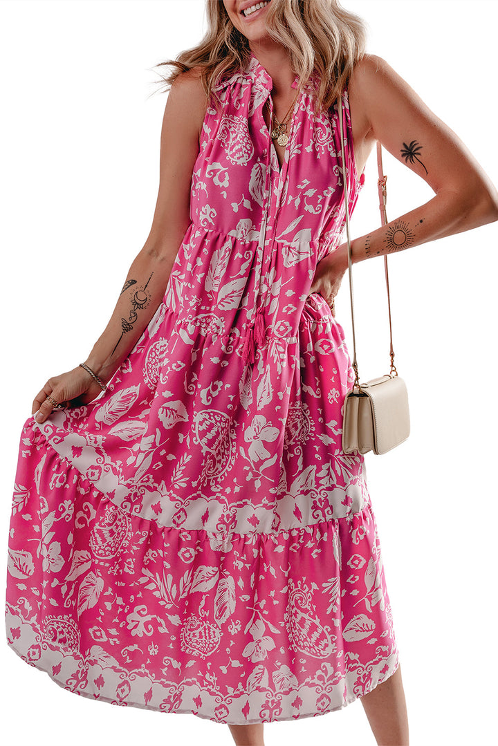 Floral Sleeveless Tasseled Lace-up Neck Tiered Midi Dress