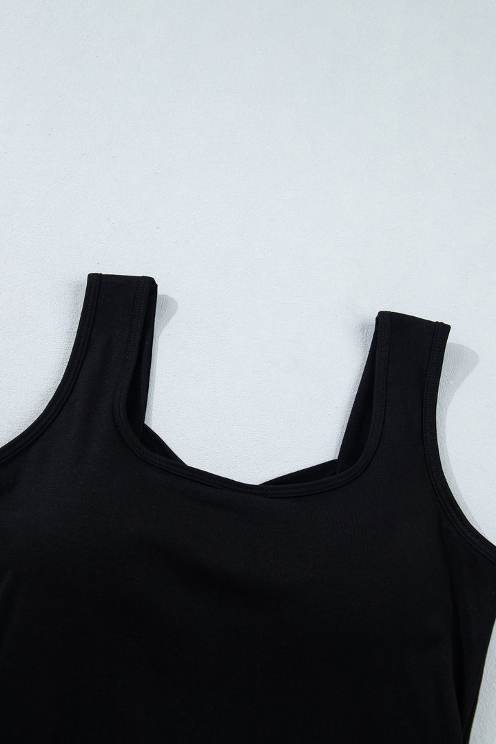 Black Twisted Cross Back Sleeveless U Neck Bra Insert Tank Top