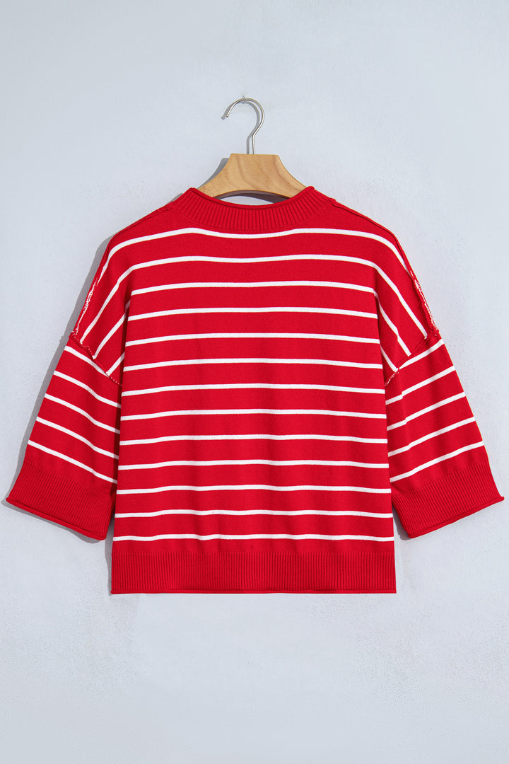 Red Stripe Dropped Shoulder Half Sleeve Relaxed Knit Sweater