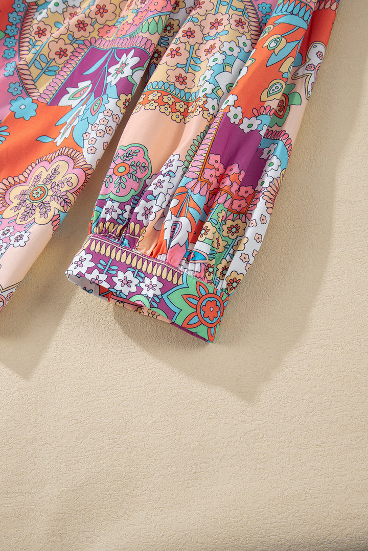 Boho Floral Bubble Sleeve Tassel Tied Neck Pleated Blouse