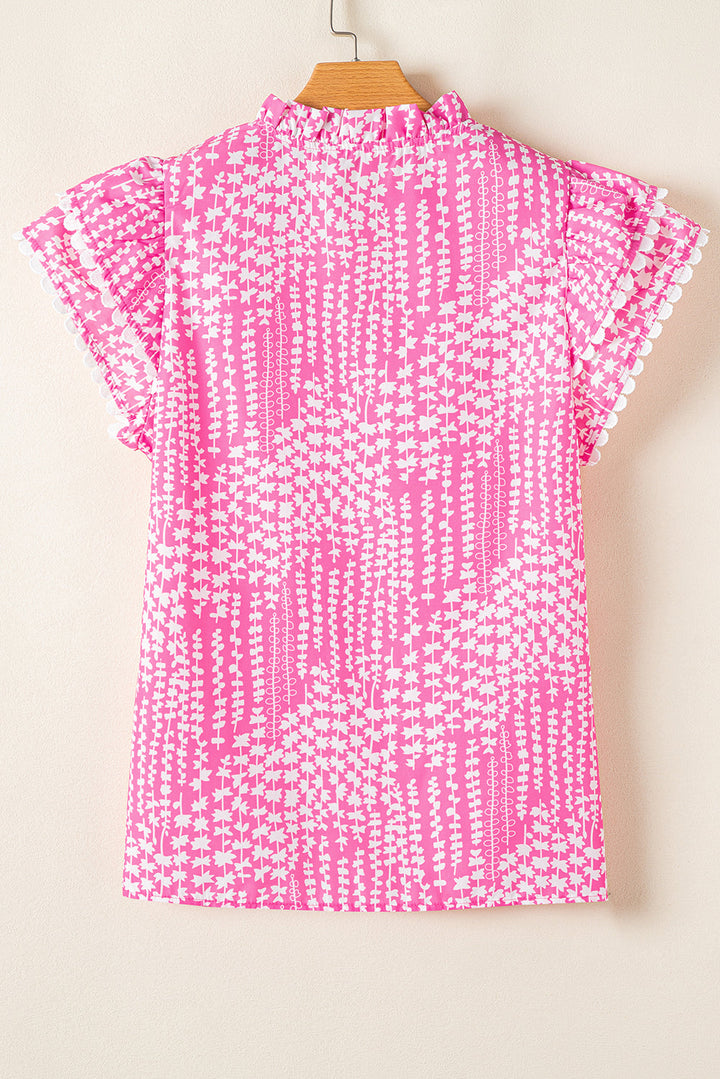 abstract print ric rac trim flutter sleeve notch v neck blouse