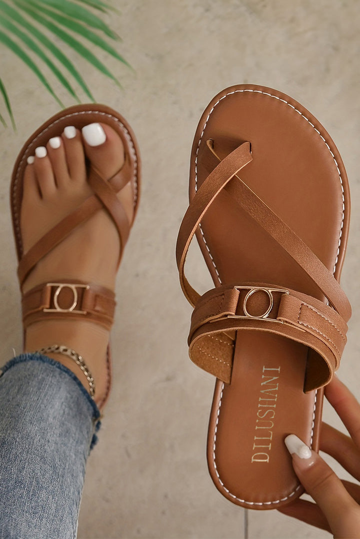 Cross Toe Metal Buckle Leathered Flat Slippers
