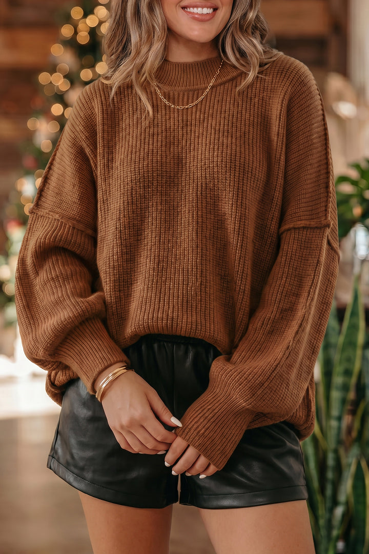 Chestnut Ribbed Knit Stand Neck Regular Fit Pullover Sweater