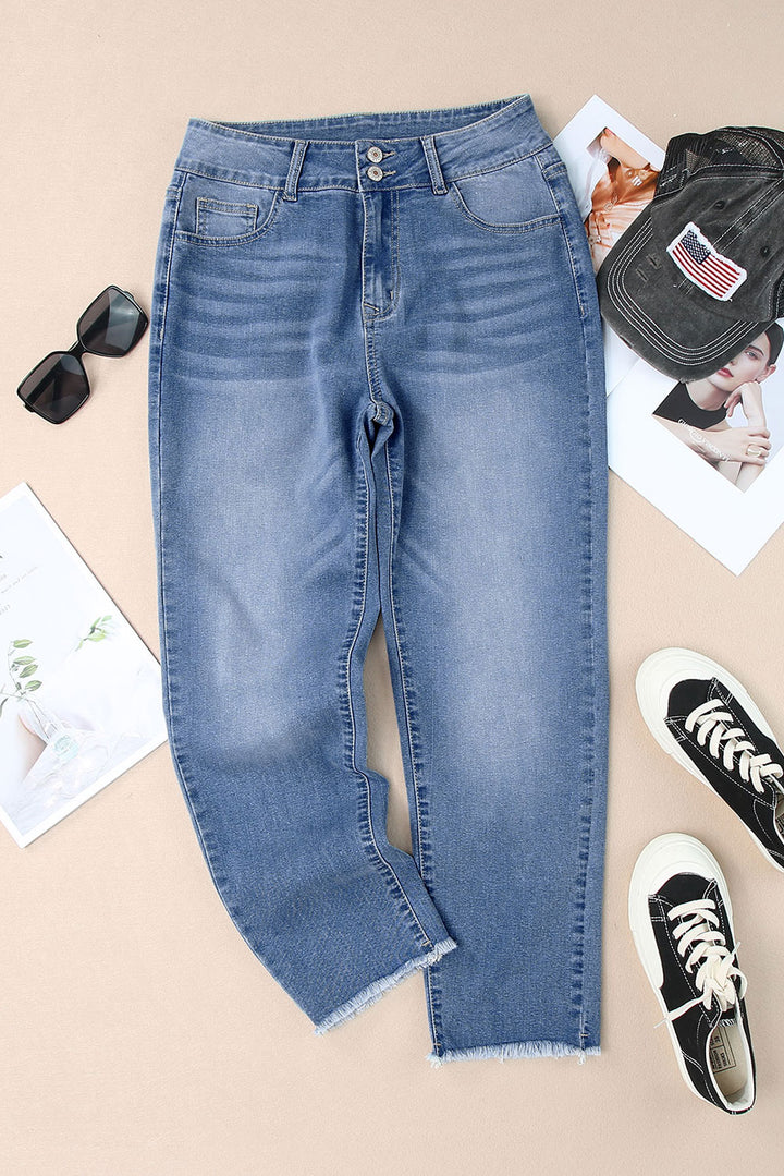 Sky Blue Double Button Raw Hem Slim Fit Jeans