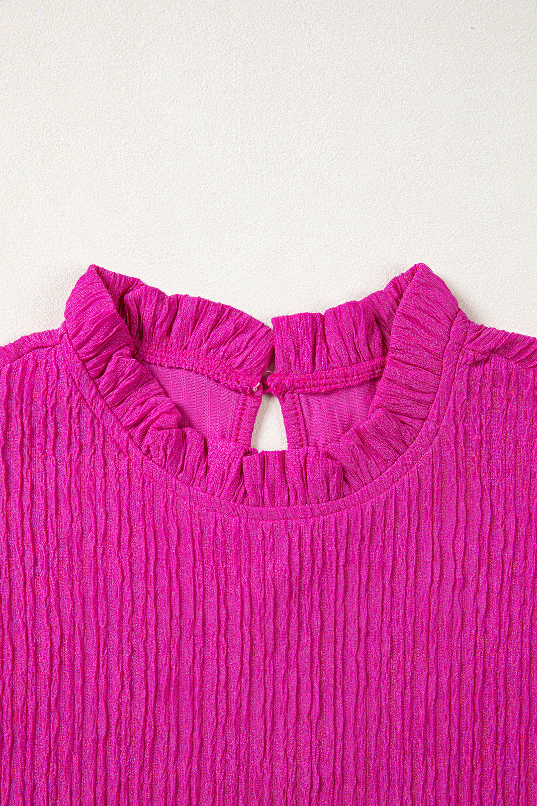 Rose Red Solid Color Textured Ruffle Trim Short Sleeve Blouse