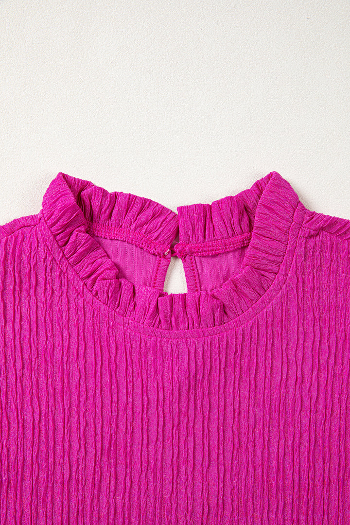 Rose Red Solid Color Textured Ruffle Trim Short Sleeve Blouse