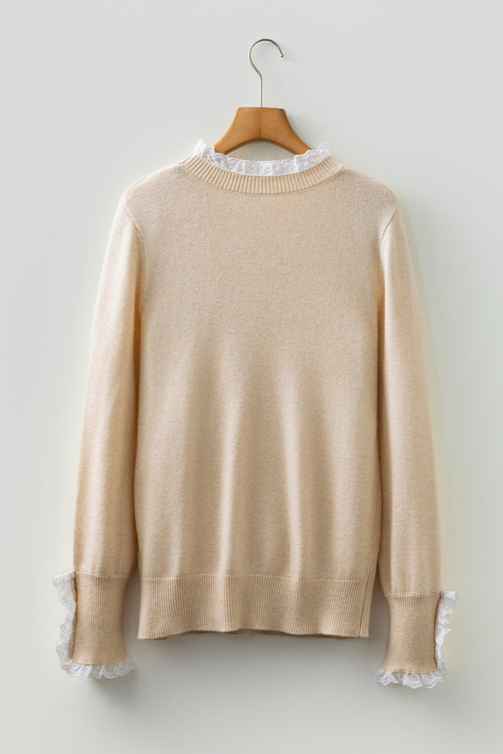 Lace Trim Patchwork Buttoned Cuffs Loose Sweater