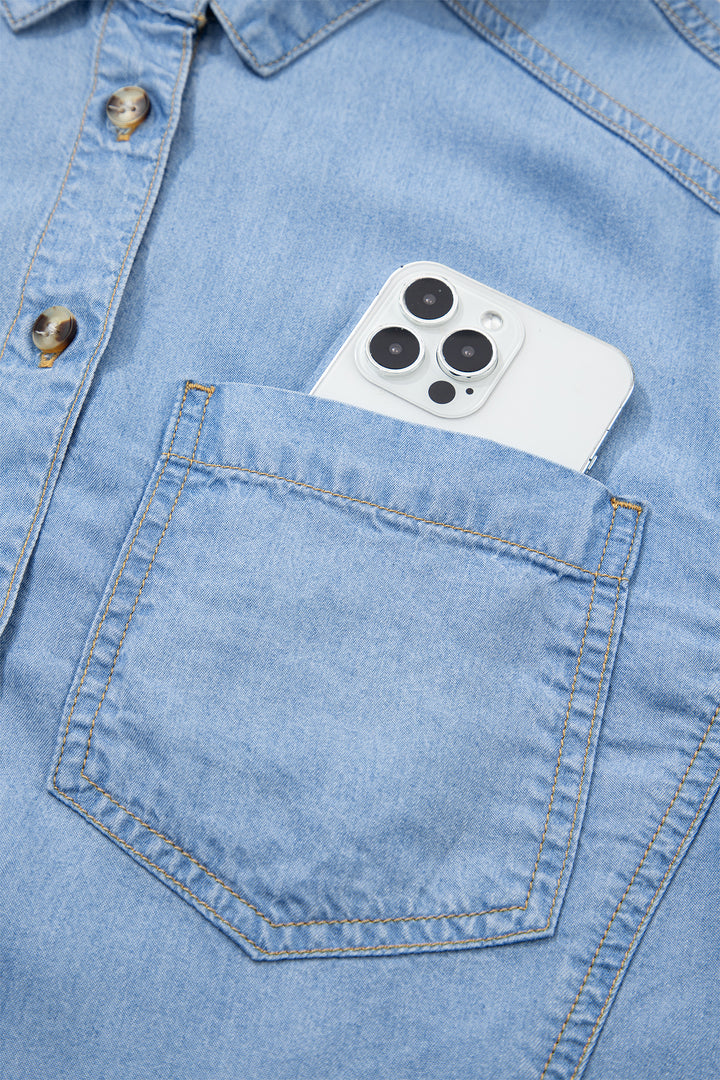 Half Sleeve Button Down Ruffled High Low Chambray Shirt