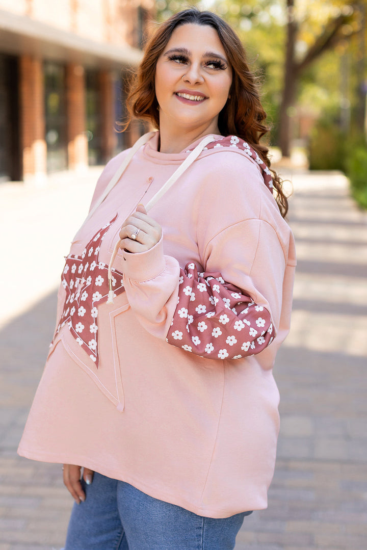 Star Patch Graphic Floral Color Block Drawstring Plus Size Hoodie