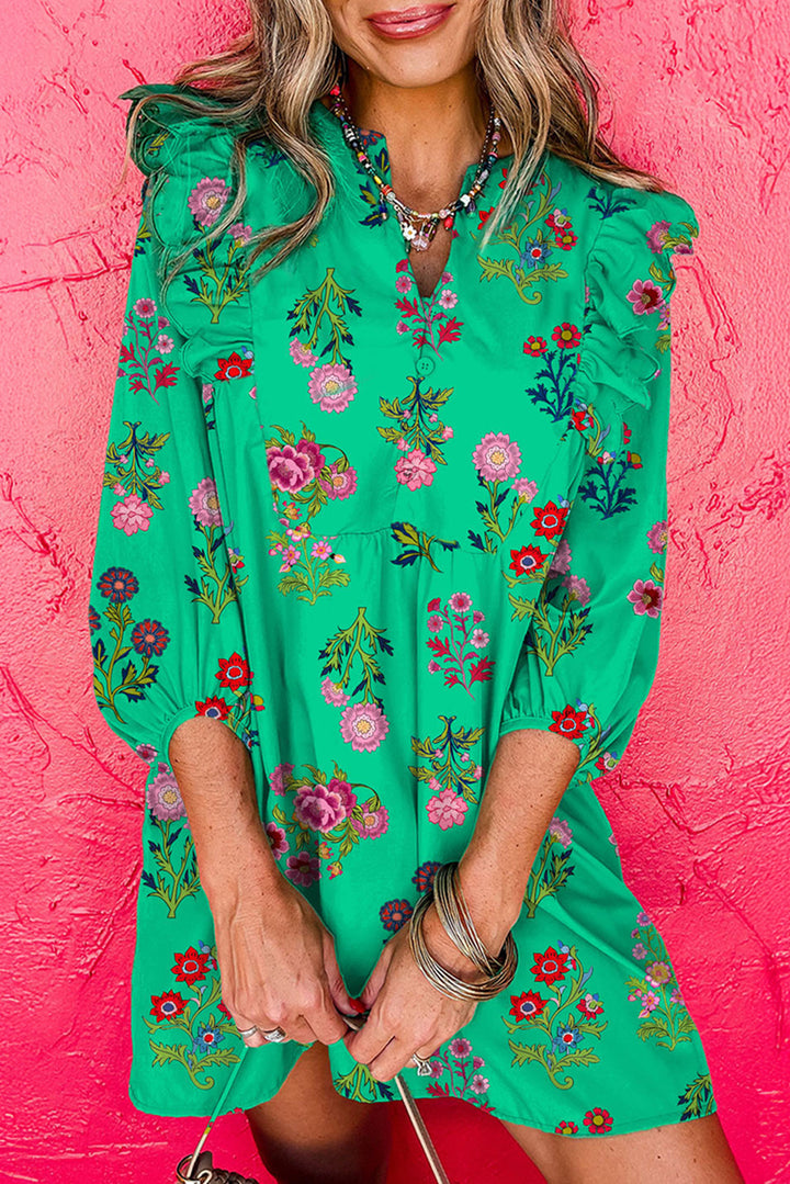 Robe mini boutonnée à volants et manches trois-quarts fleuries