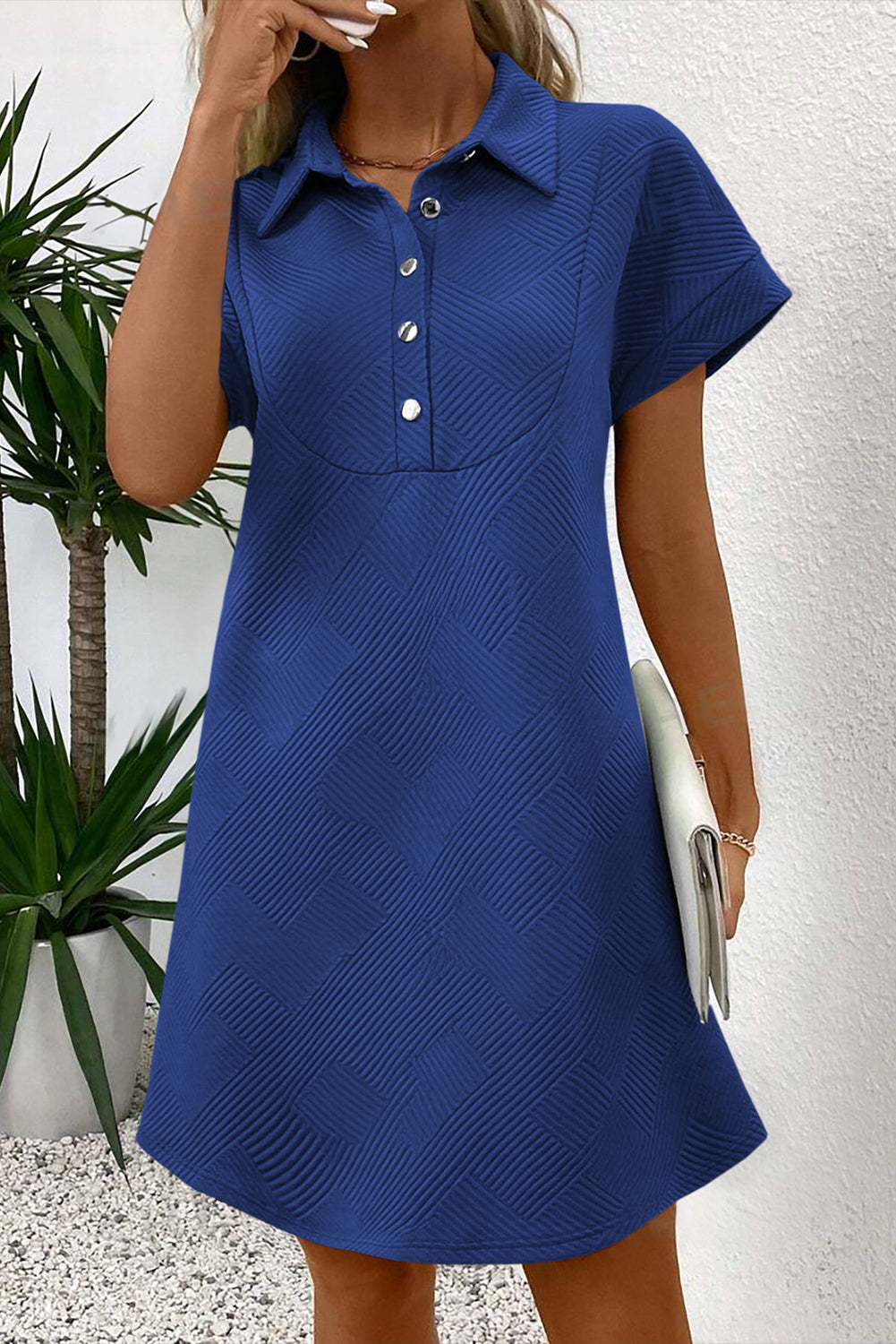 Blue Solid Color Textured Short Sleeve A Line Mini Dress