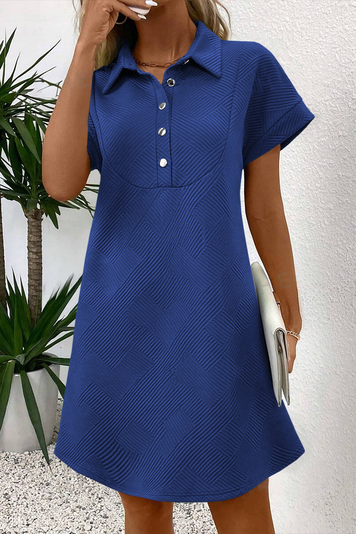 Blue Solid Color Textured Short Sleeve A Line Mini Dress