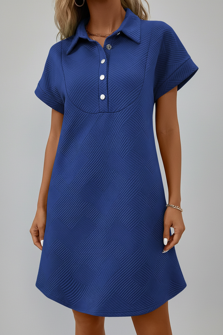Blue Solid Color Textured Short Sleeve A Line Mini Dress