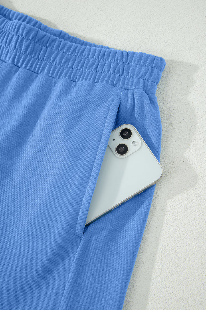 Sky Blue Solid Cover Oversize Tee Pocketed Casual Pants 2pcs Outfit