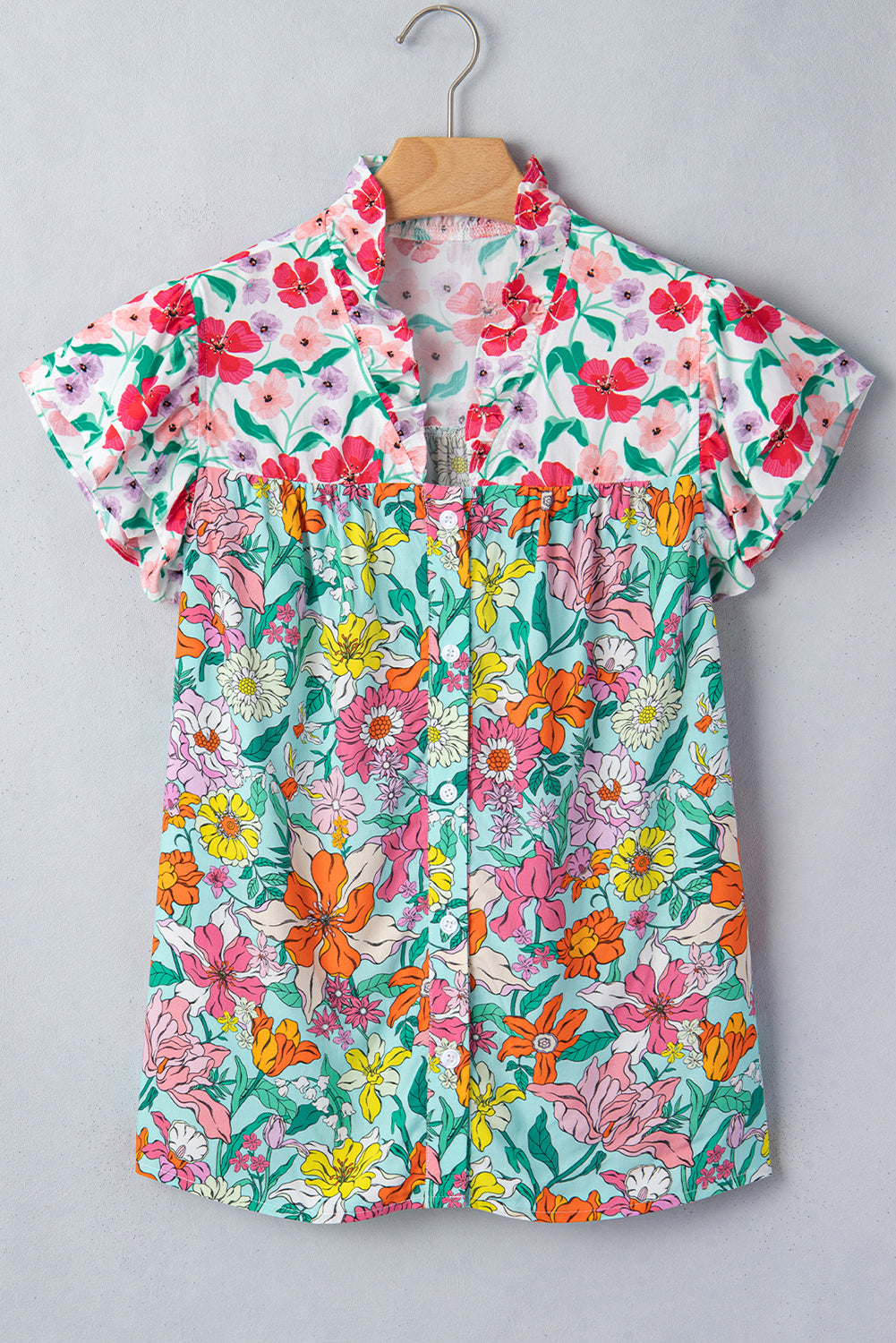 Floral Print Split Neck Button Front Flutter Sleeve Blouse