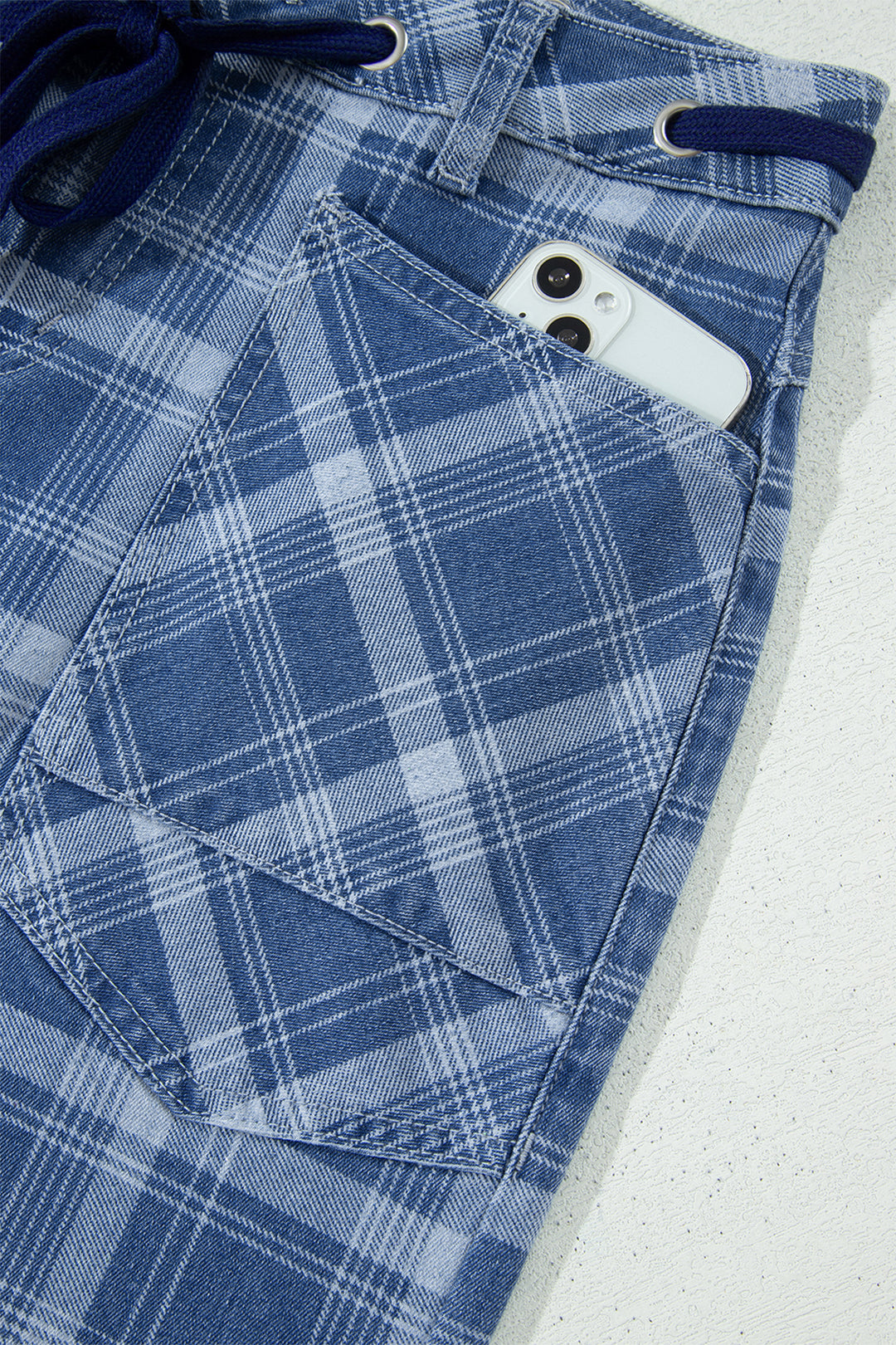Sky Blue Plaid Denim Grommet Drawstring Waist Ankle-Length Jeans