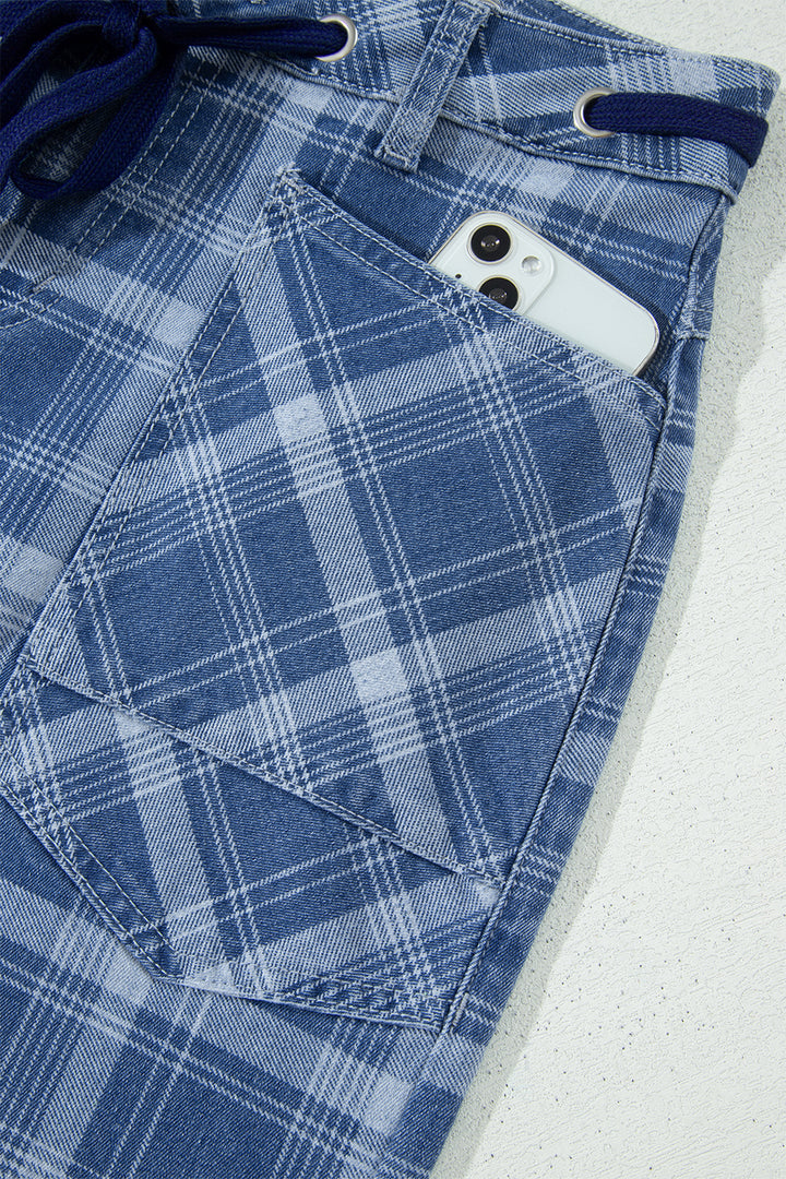 Sky Blue Plaid Denim Grommet Drawstring Waist Ankle-Length Jeans