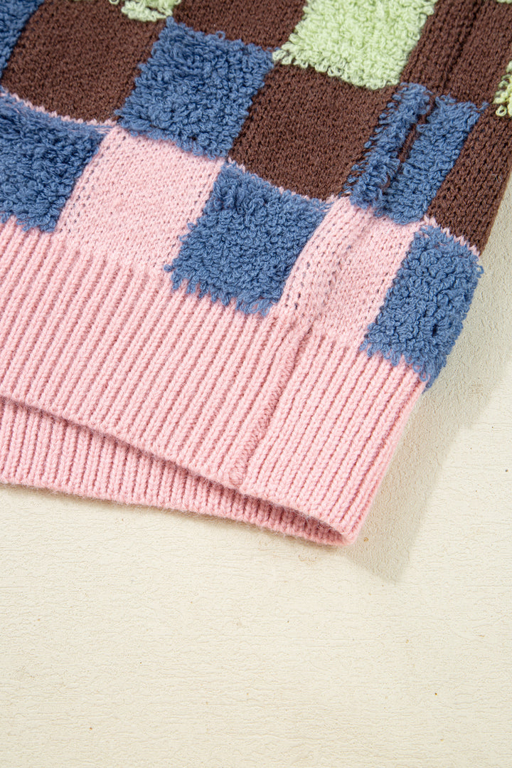 Plush Checkered Pattern Button Front Cardigan Sweater