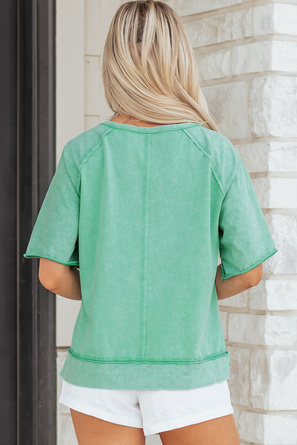 Half Buttons Raw Seam Raglan Sleeve Mineral Wash T Shirt