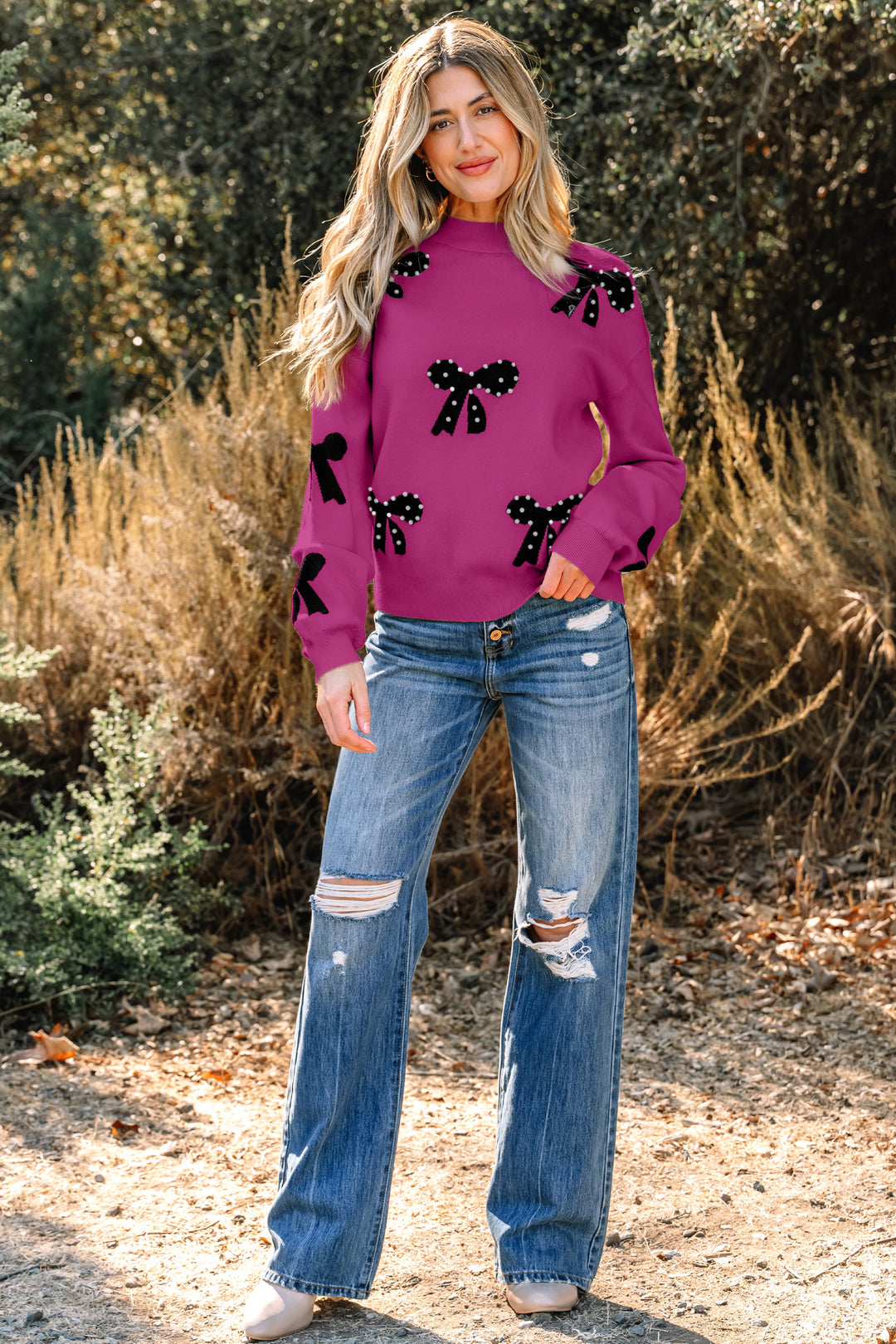 Pearl Embellished Bow Pattern Loose Sweater