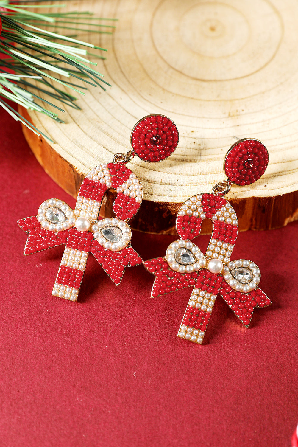 Christmas Candy Cane Pearl Beaded Dangle Earrings