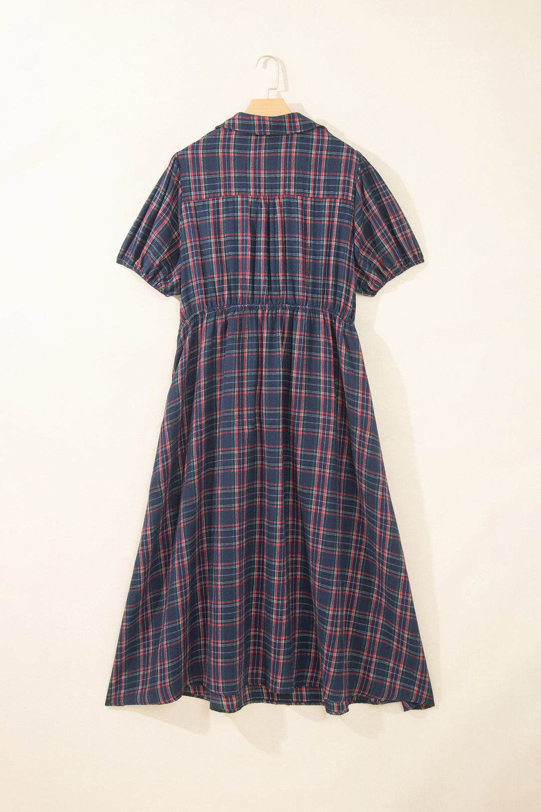 Black Plaid V Neck Belted Waist Short Sleeve Plus Size Dress