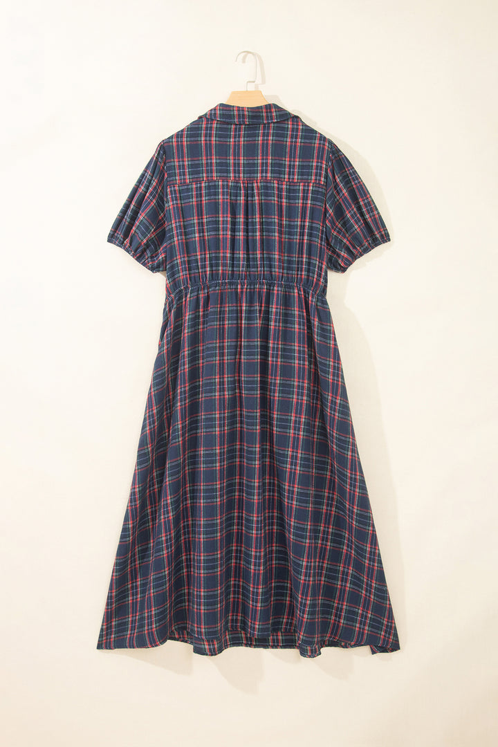 Black Plaid V Neck Belted Waist Short Sleeve Plus Size Dress