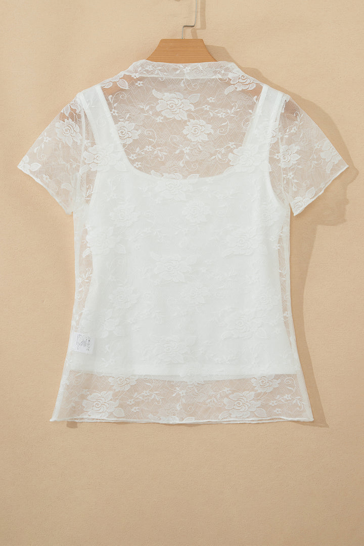 White Sheer Lace Round Neck T Shirt