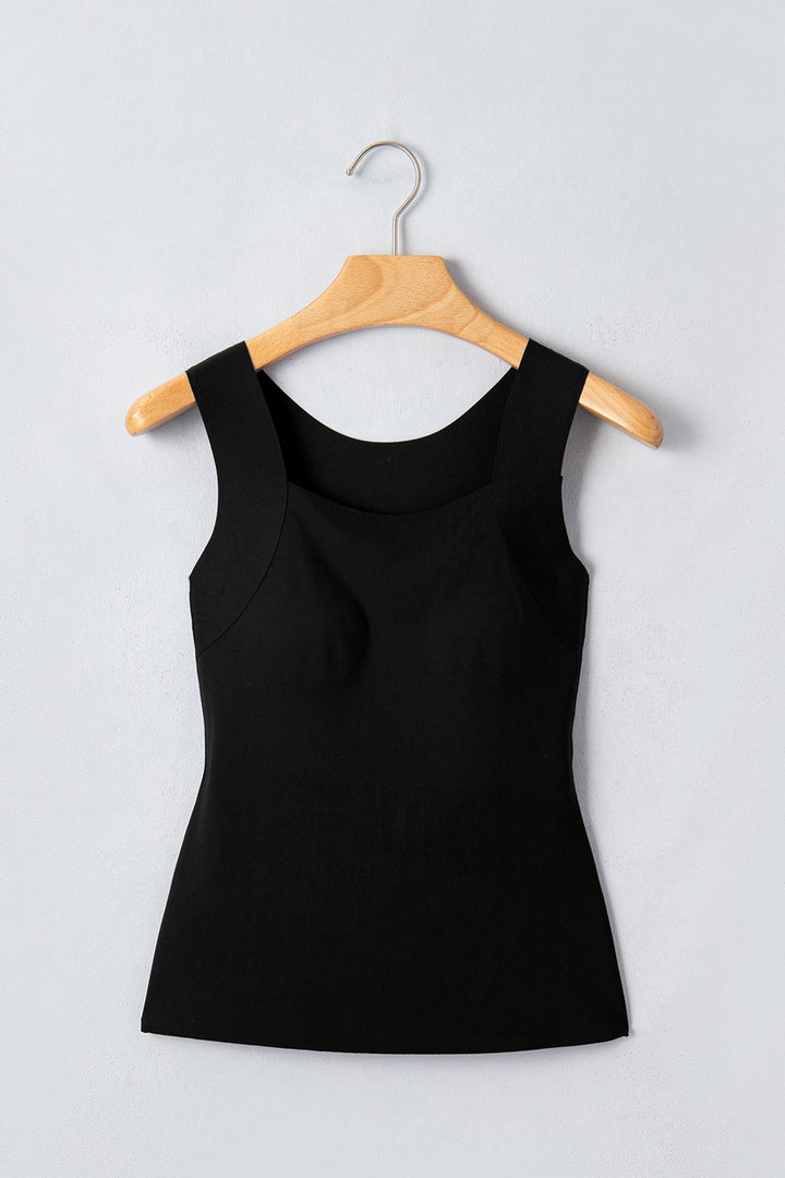 Black Solid Color Wide Strap Splicing Athleisure Tank Top