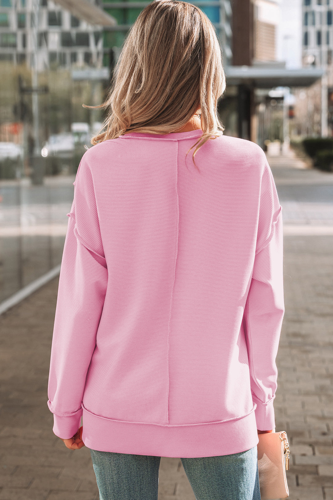 Horizontal Ribbed Exposed Seam Detail Drop Shoulder Baggy Pullover