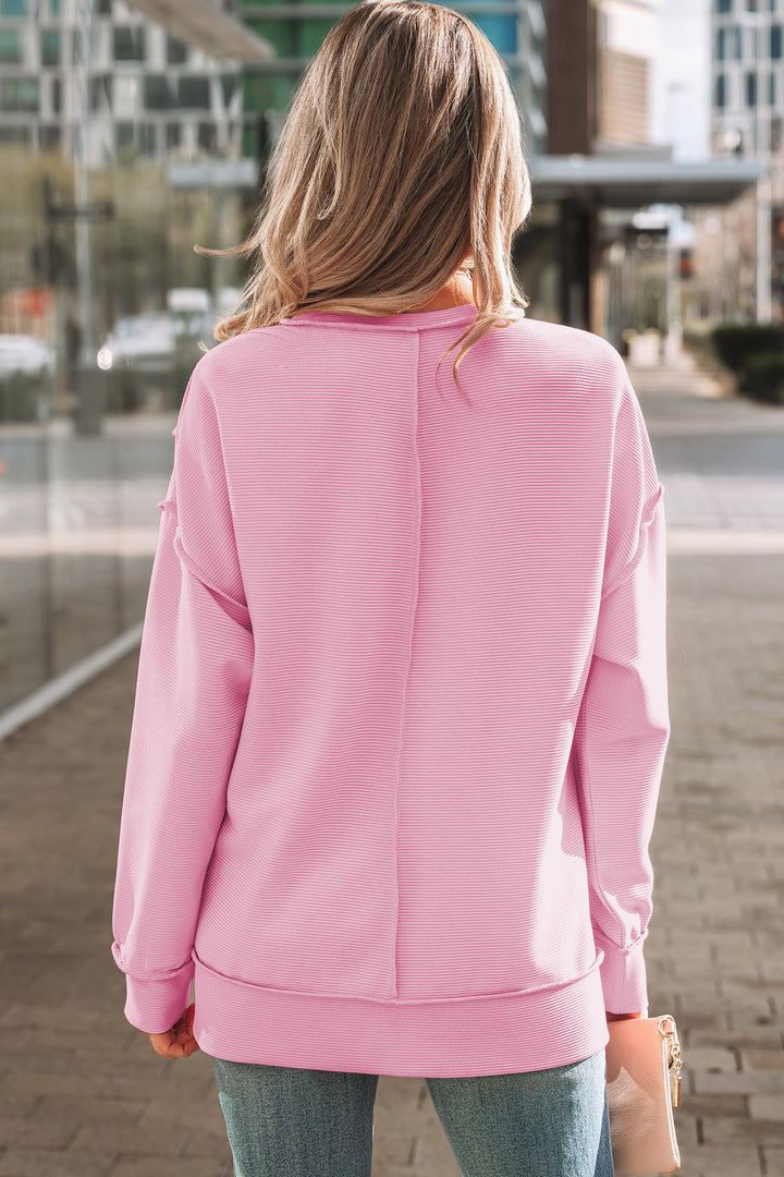 Horizontal Ribbed Exposed Seam Detail Drop Shoulder Baggy Pullover